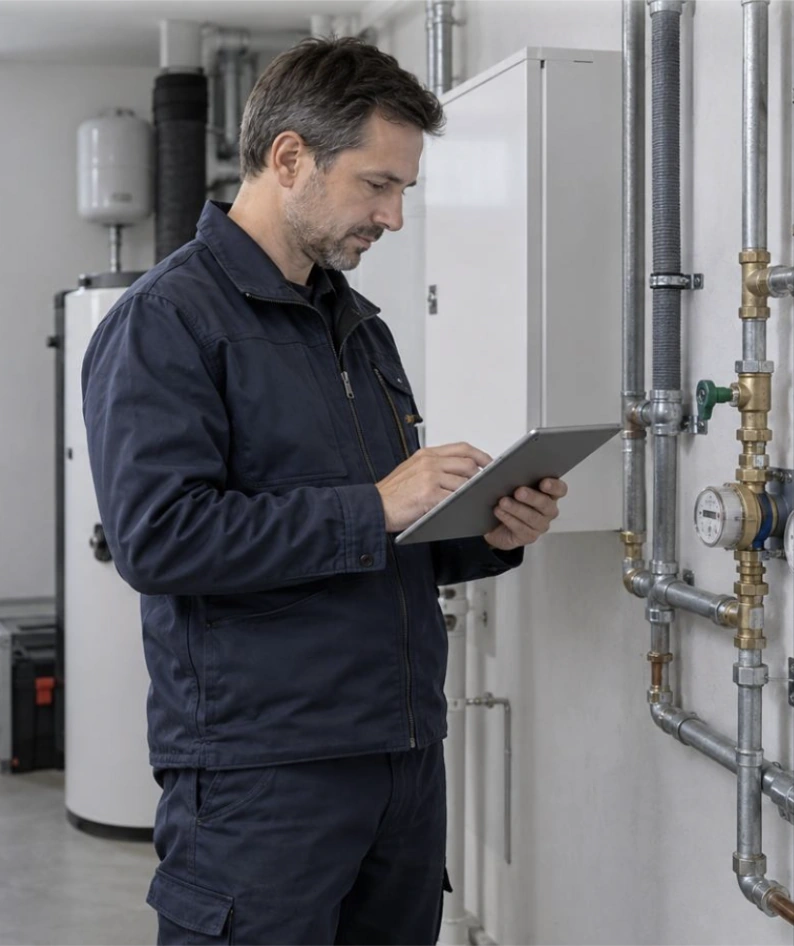 Servicetechniker prüft eine Heizungsanlage mit einem Tablet.